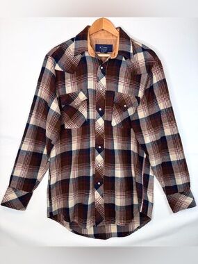 VTG Williams Bay mens flannel shirt sz Lg Tall brown plaid pearl snap sawtooth